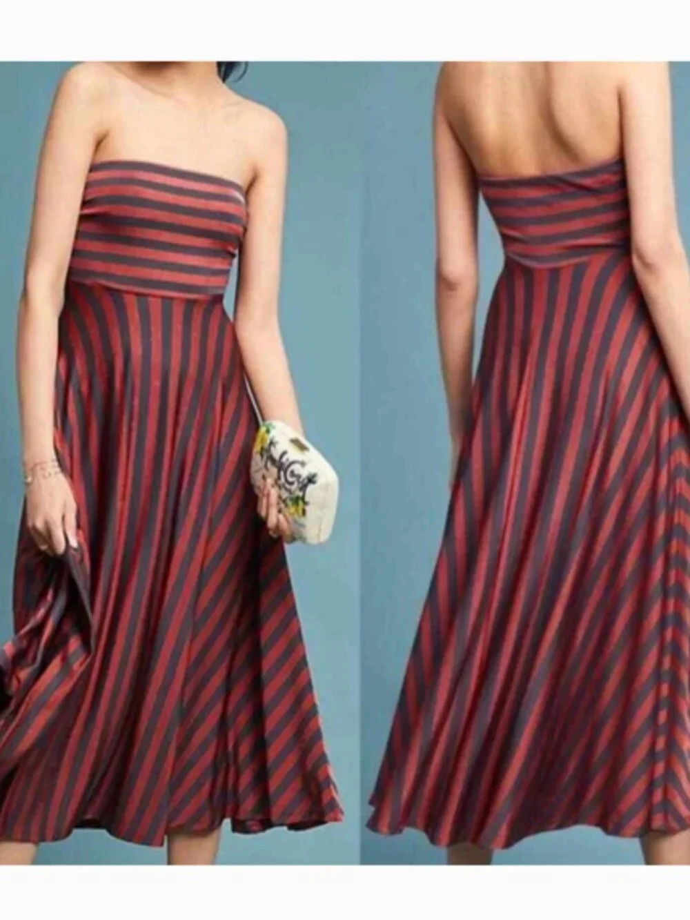 Strapless A-Line Midi Dress in Rust and Navy Stripes